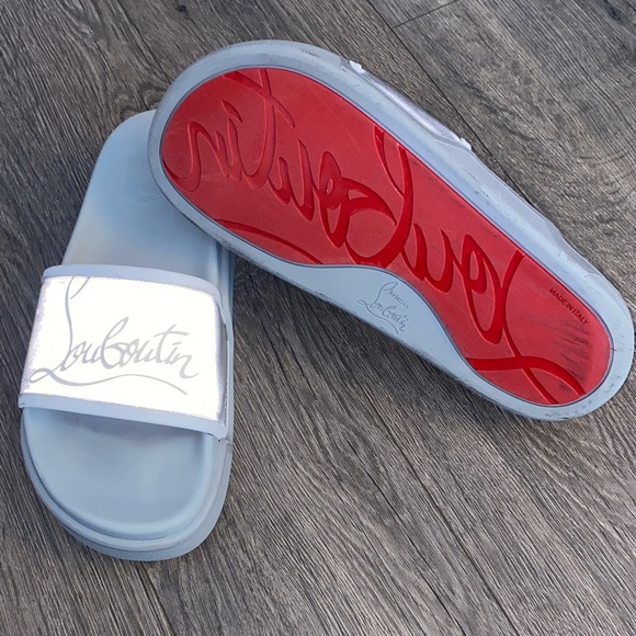 Christian Louboutin Silver Slide Sandals with Red Soles - Picture 1 of 15